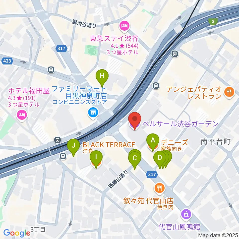 ベルサール渋谷ガーデン周辺のファミレス・ファーストフード一覧地図