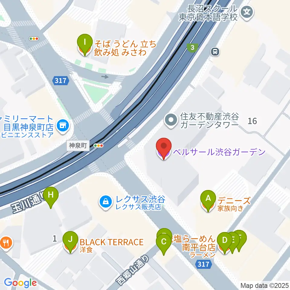 ベルサール渋谷ガーデン周辺のファミレス・ファーストフード一覧地図