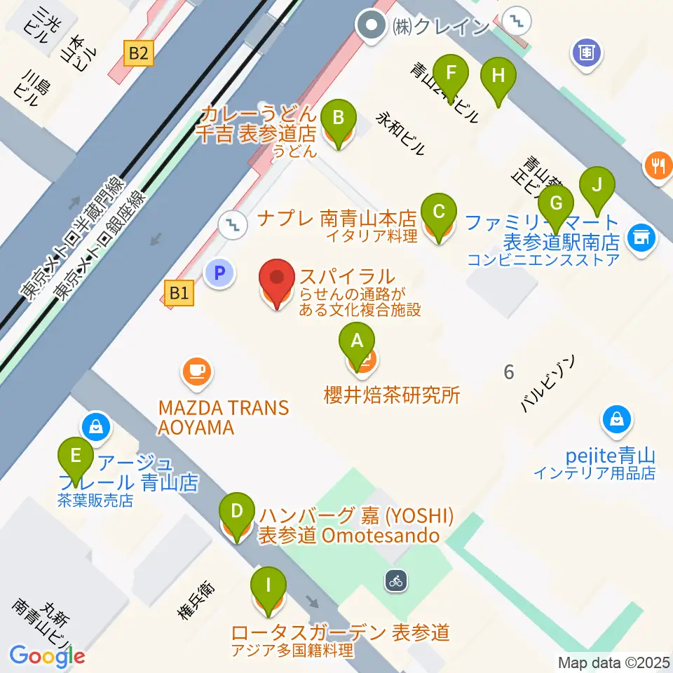 表参道スパイラルホール周辺のファミレス・ファーストフード一覧地図
