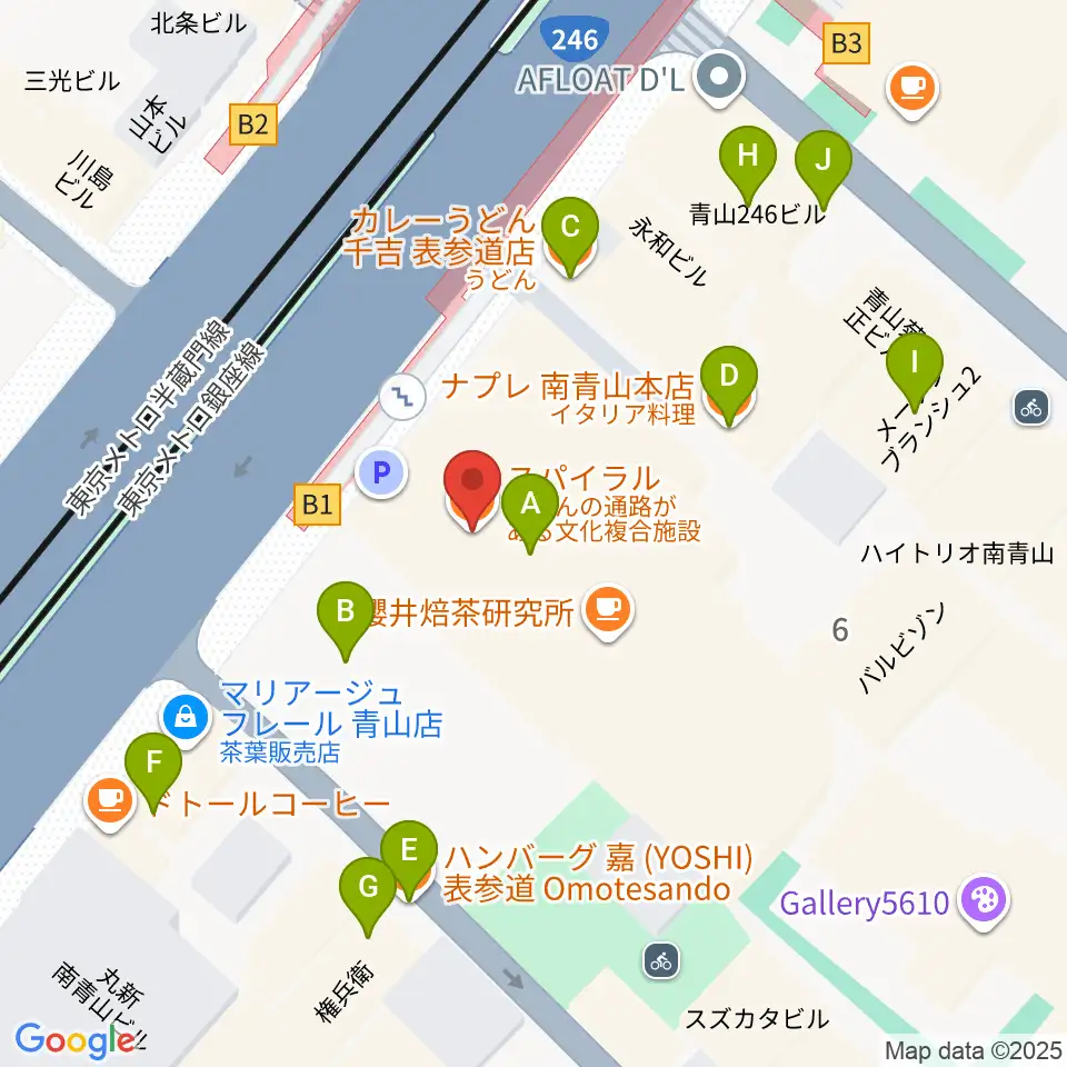表参道スパイラルホール周辺のファミレス・ファーストフード一覧地図