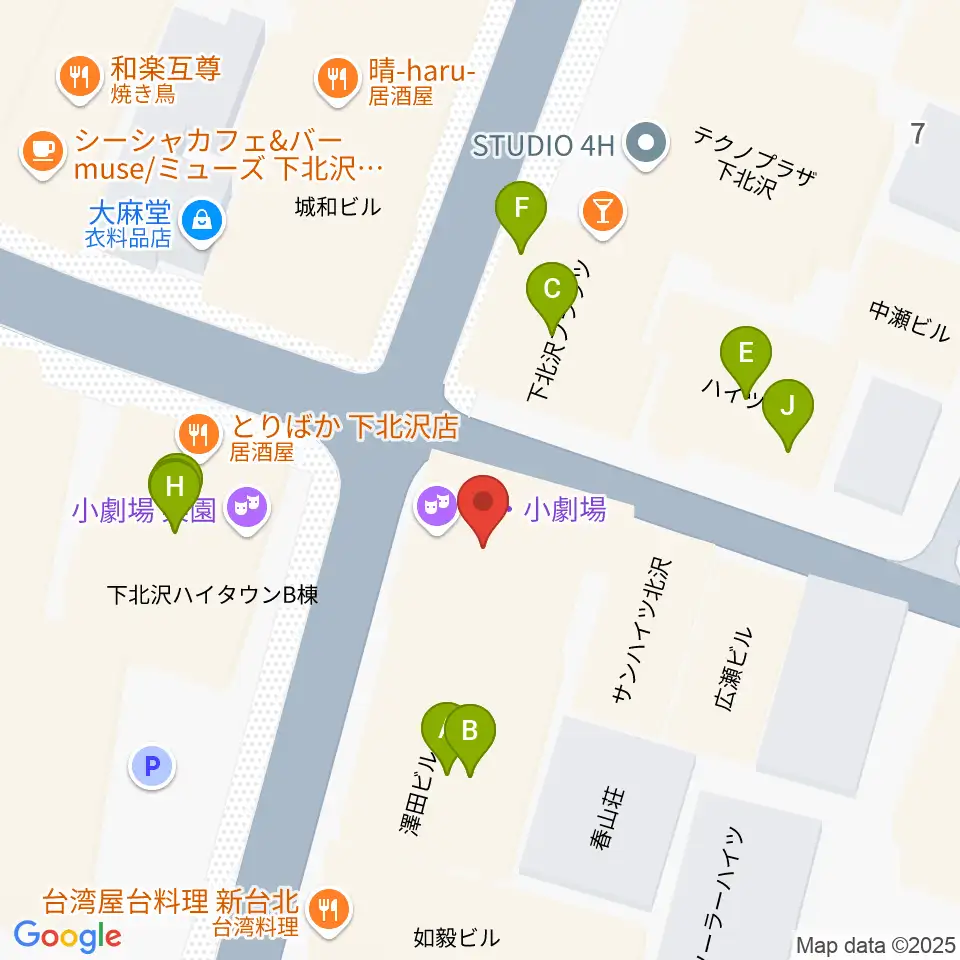 劇・小劇場周辺のファミレス・ファーストフード一覧地図