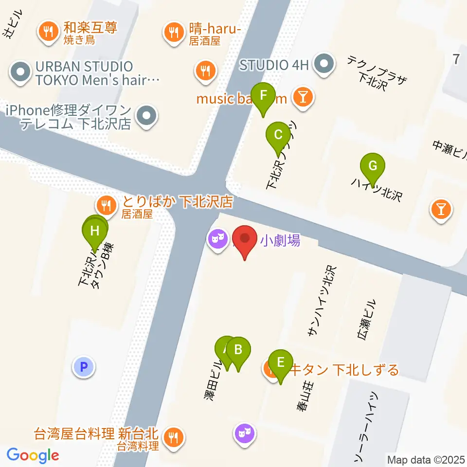 劇・小劇場周辺のファミレス・ファーストフード一覧地図
