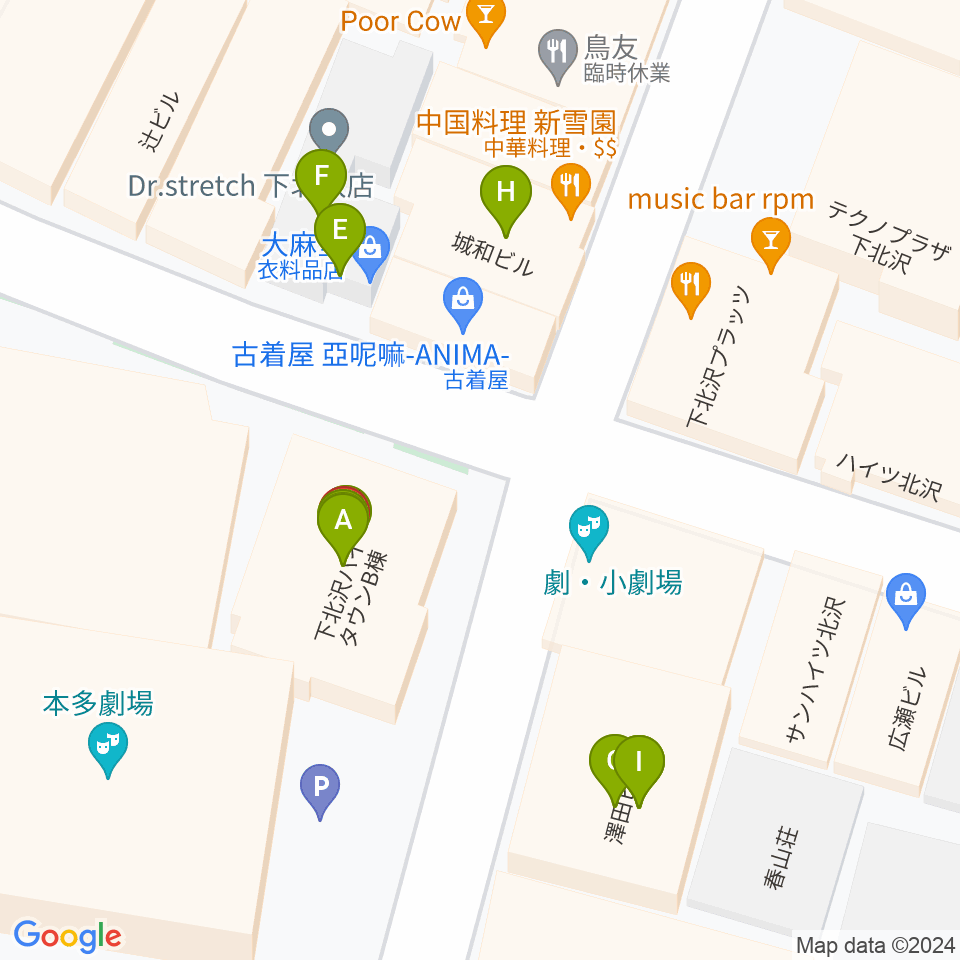 小劇場楽園周辺のファミレス・ファーストフード一覧地図