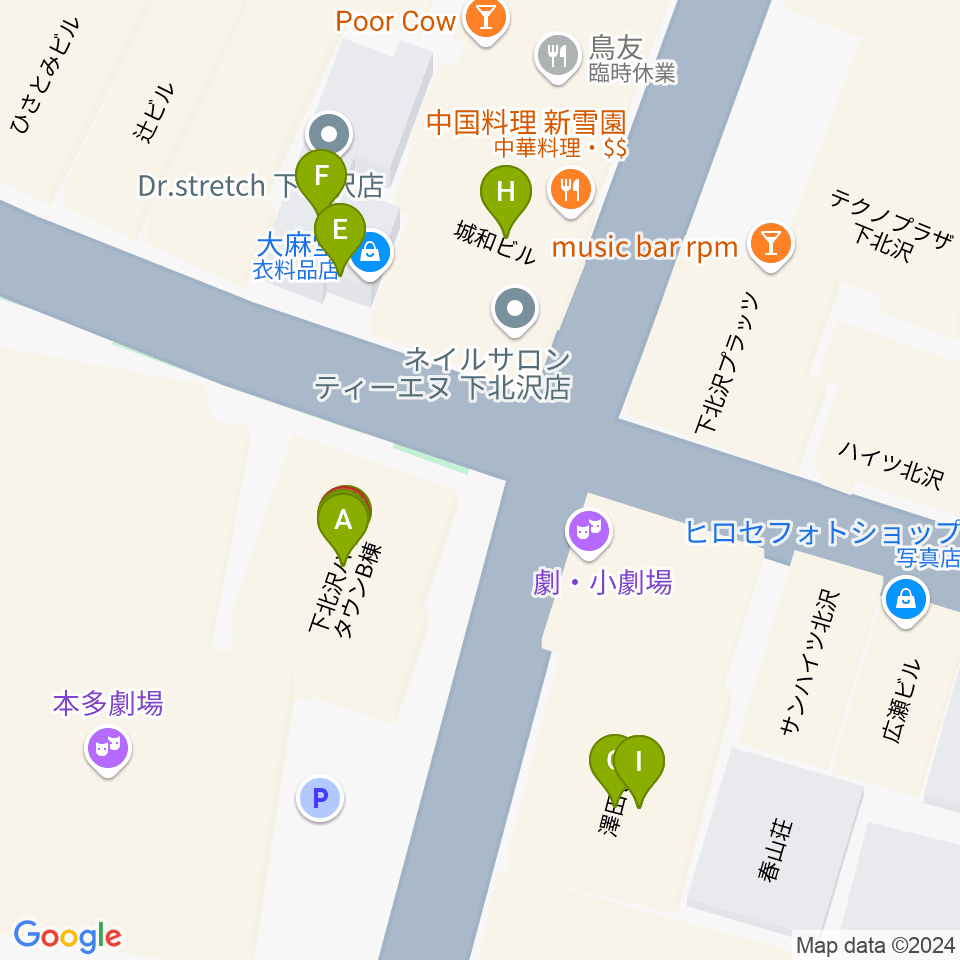 小劇場楽園周辺のファミレス・ファーストフード一覧地図