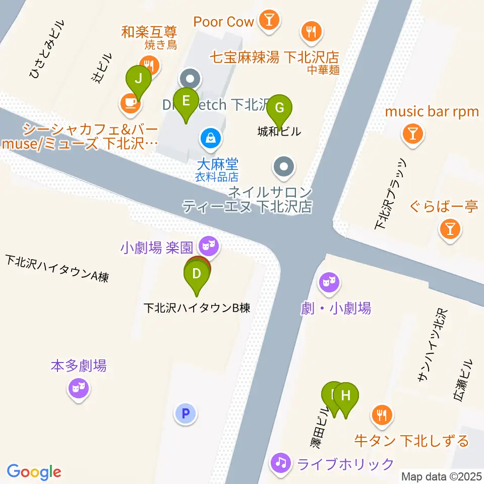 小劇場楽園周辺のファミレス・ファーストフード一覧地図