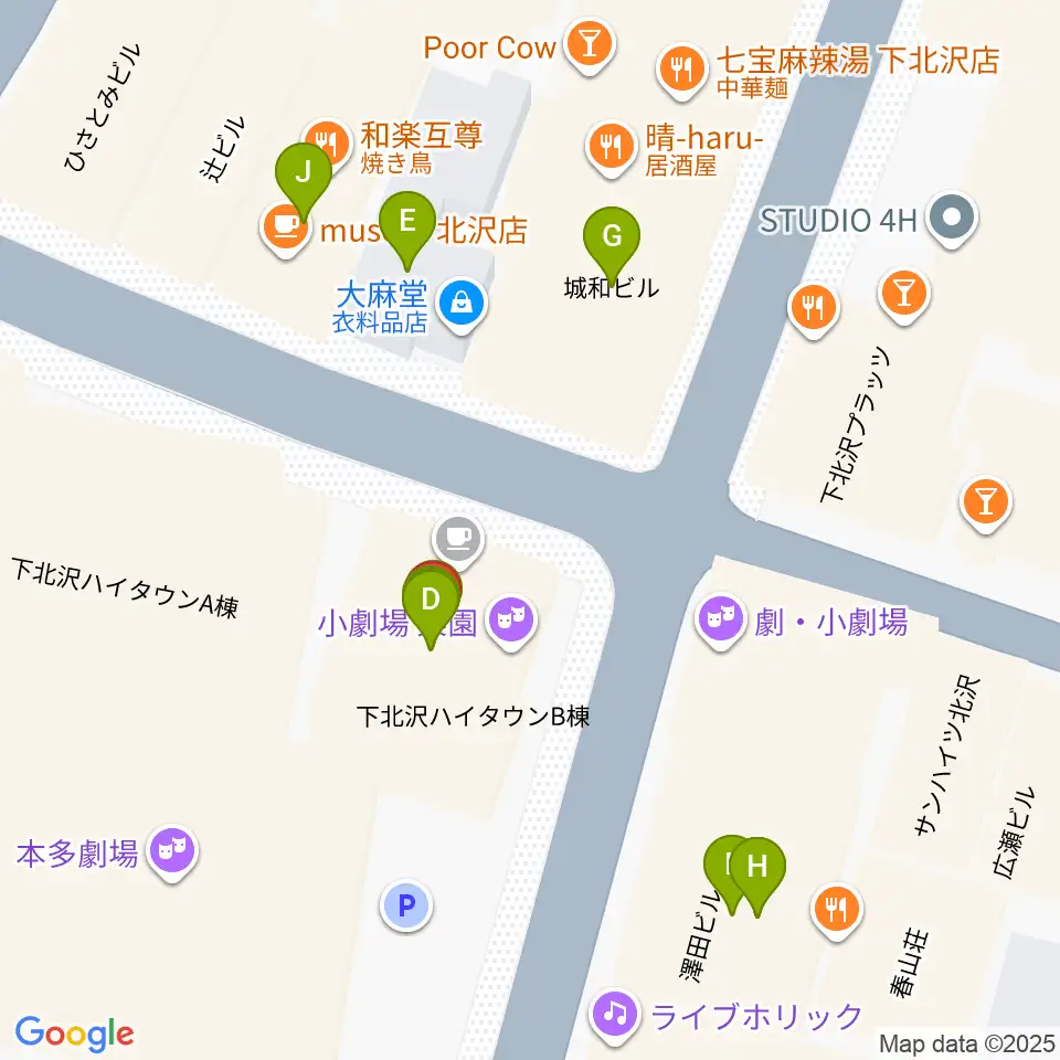 小劇場楽園周辺のファミレス・ファーストフード一覧地図