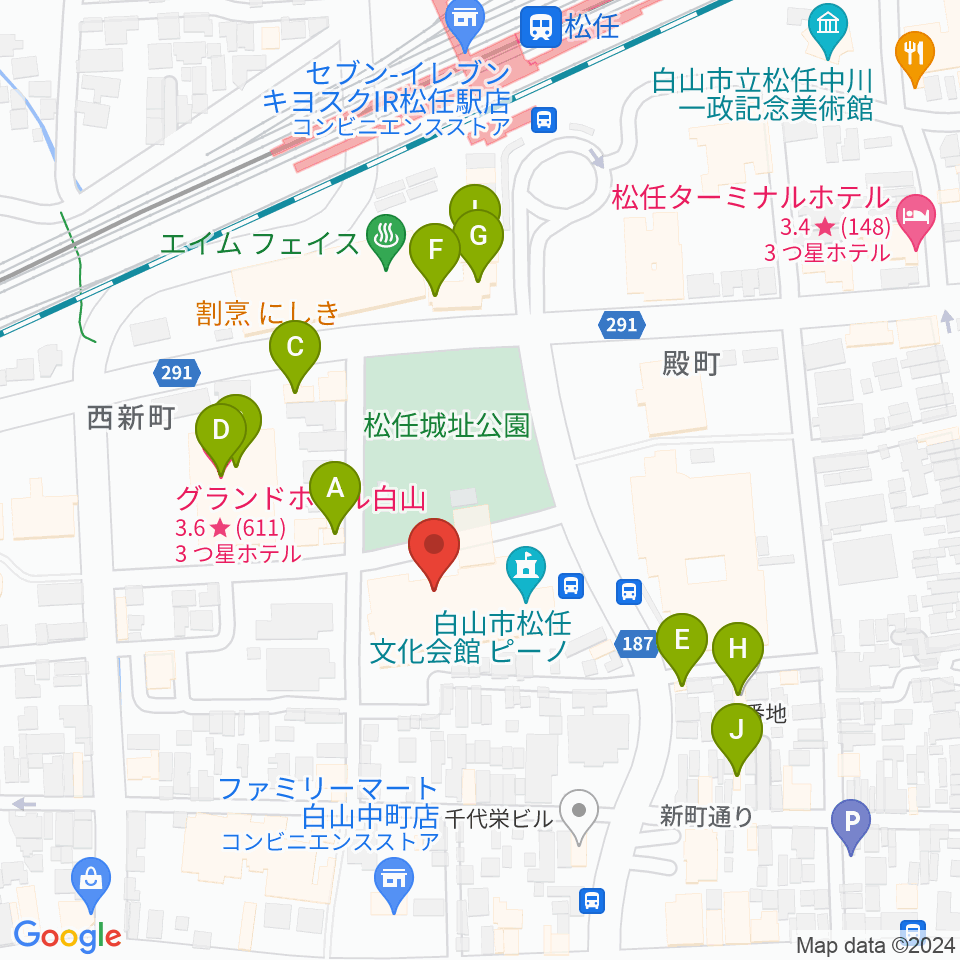 白山市松任文化会館ピーノ周辺のファミレス・ファーストフード一覧地図