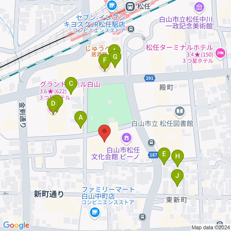 白山市松任文化会館ピーノ周辺のファミレス・ファーストフード一覧地図