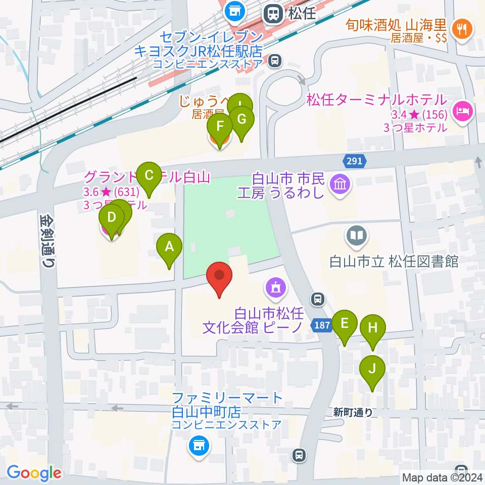 白山市松任文化会館ピーノ周辺のファミレス・ファーストフード一覧地図