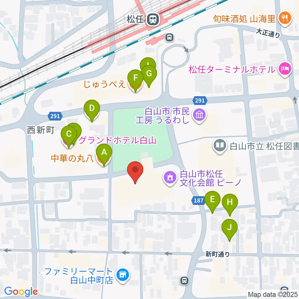 白山市松任文化会館ピーノ周辺のファミレス・ファーストフード一覧地図