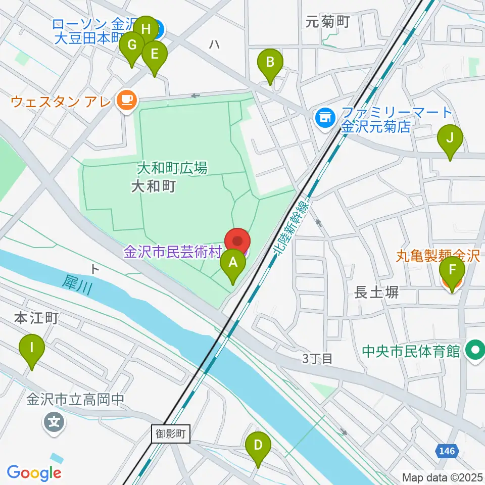 金沢市民芸術村周辺のファミレス・ファーストフード一覧地図