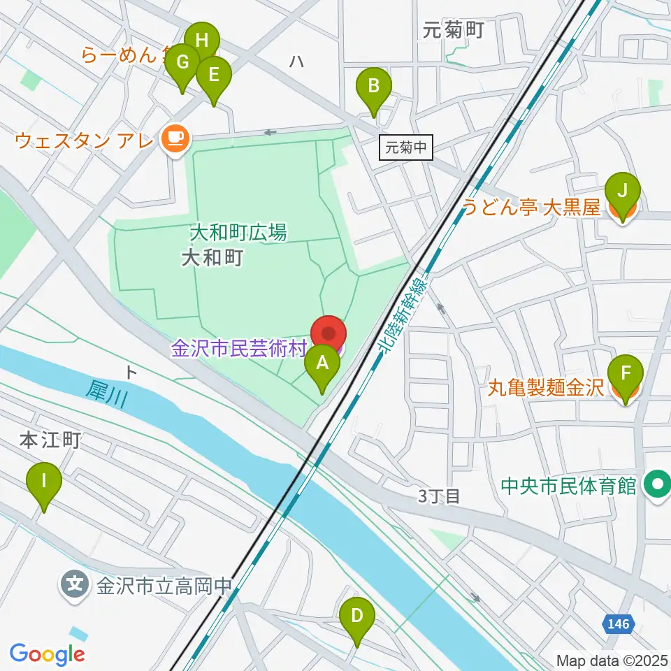 金沢市民芸術村周辺のファミレス・ファーストフード一覧地図