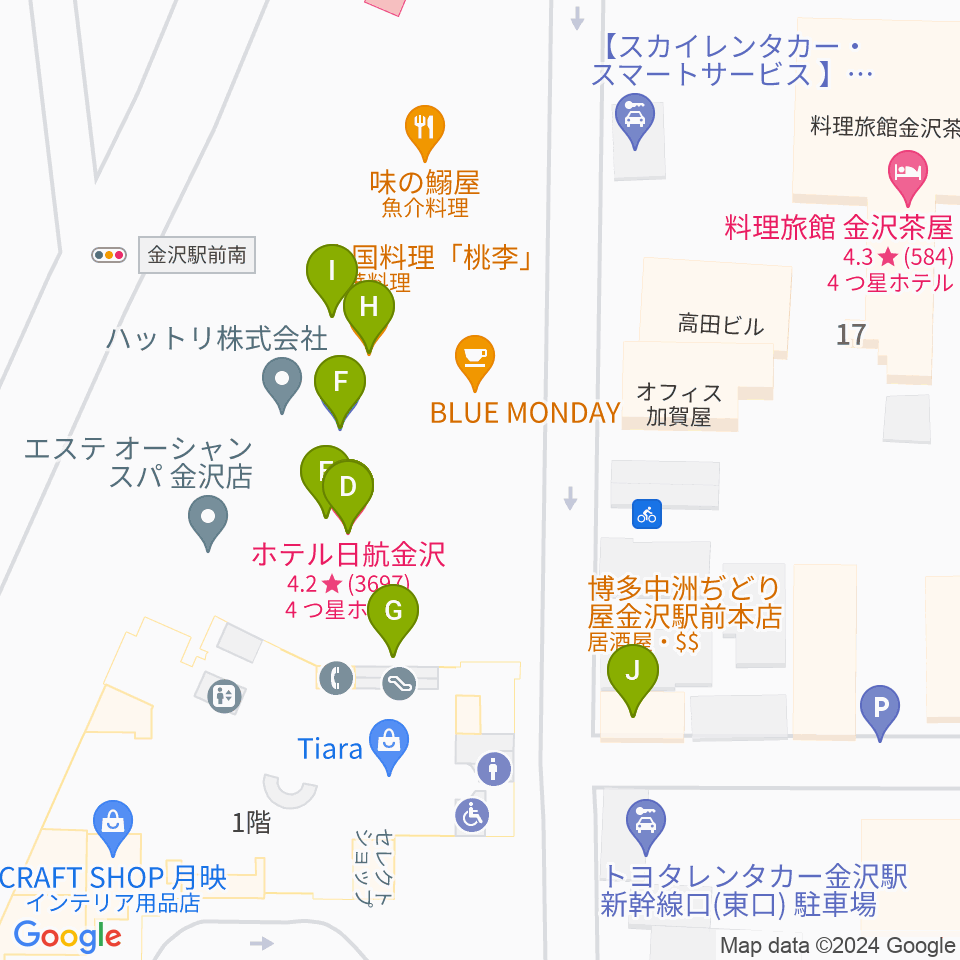 金沢市アートホール周辺のファミレス・ファーストフード一覧地図
