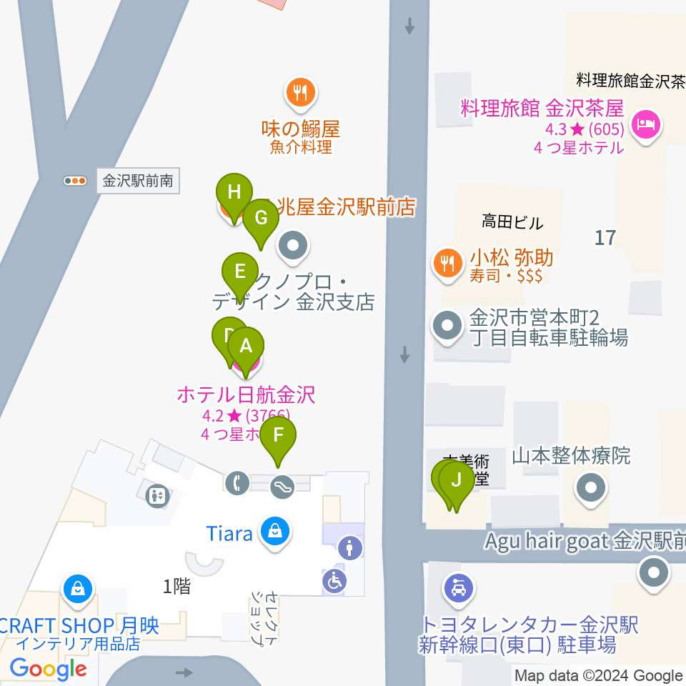 金沢市アートホール周辺のファミレス・ファーストフード一覧地図