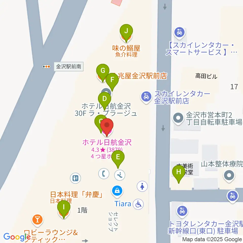 金沢市アートホール周辺のファミレス・ファーストフード一覧地図