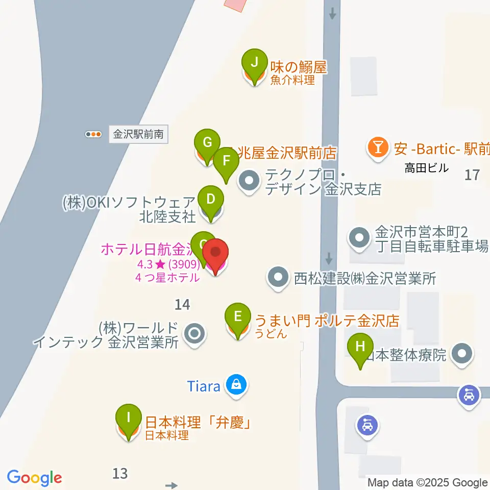 金沢市アートホール周辺のファミレス・ファーストフード一覧地図
