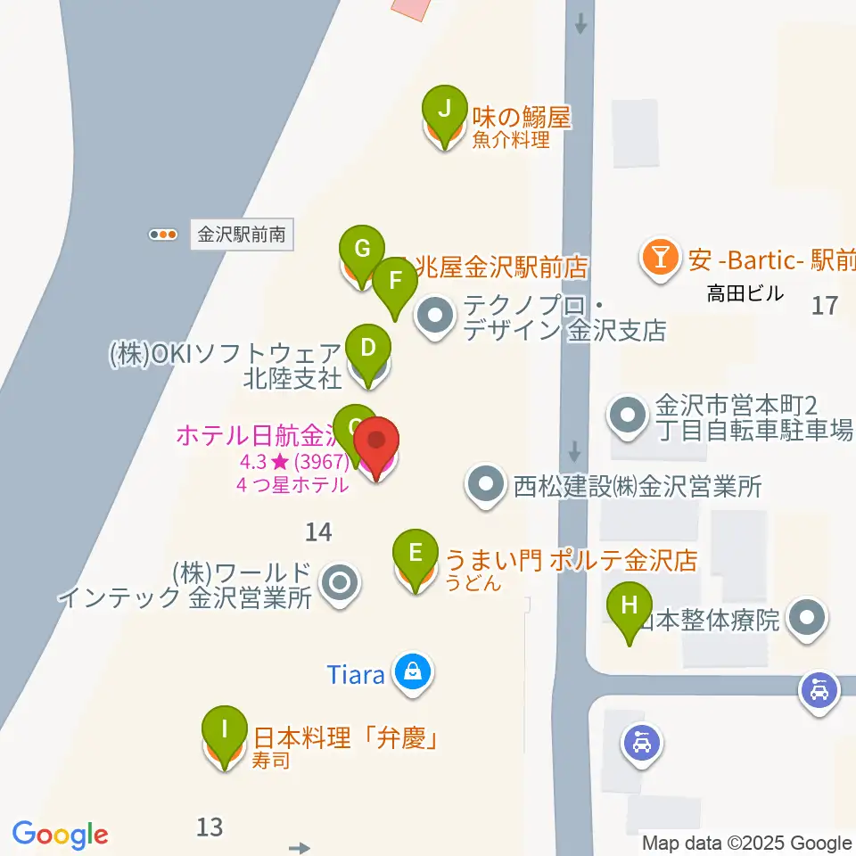 金沢市アートホール周辺のファミレス・ファーストフード一覧地図