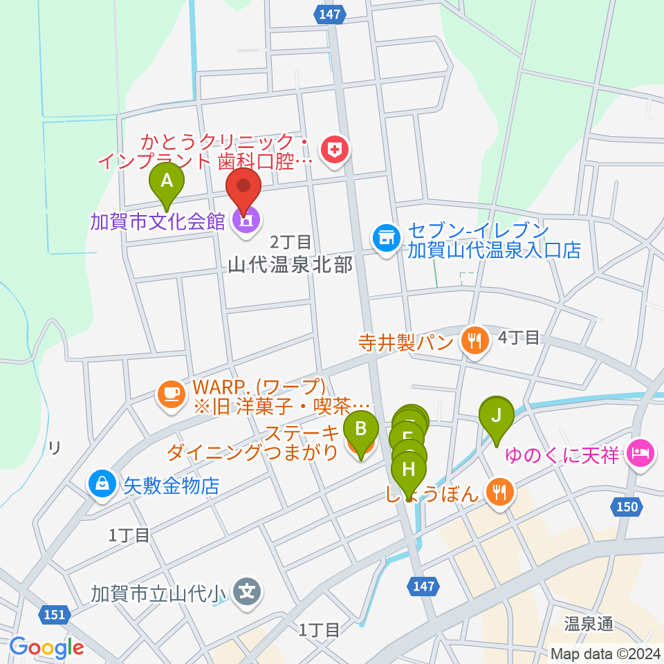 加賀市文化会館周辺のファミレス・ファーストフード一覧地図