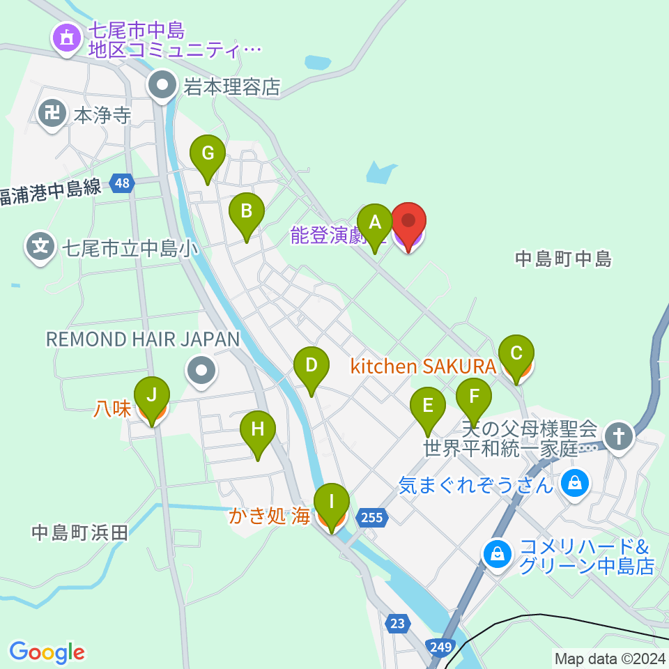 能登演劇堂周辺のファミレス・ファーストフード一覧地図