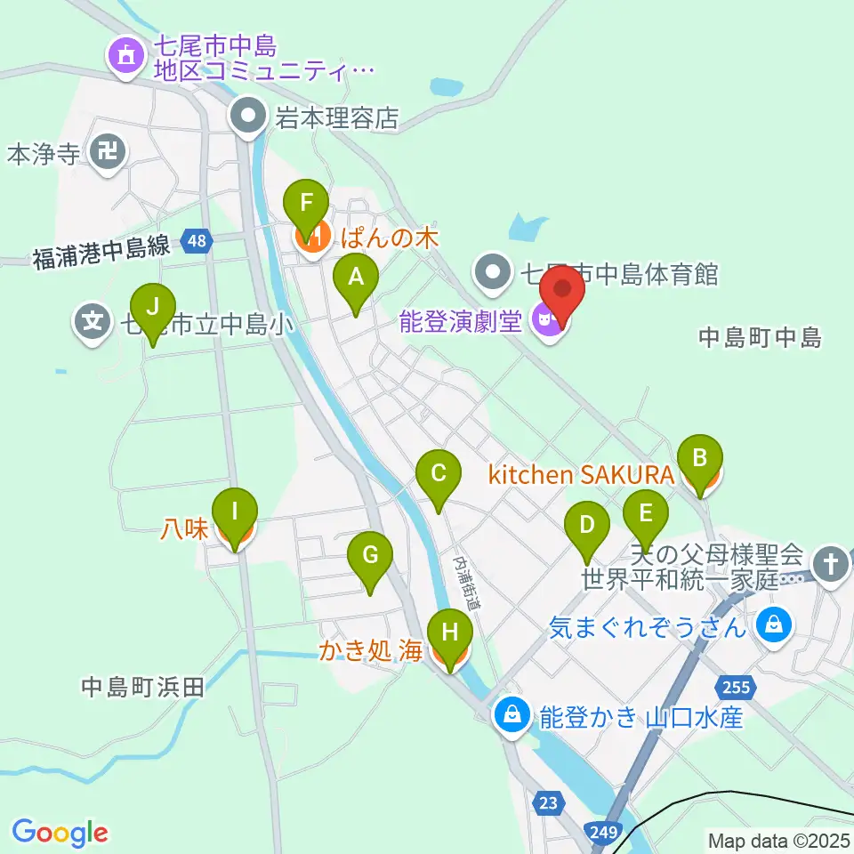 能登演劇堂周辺のファミレス・ファーストフード一覧地図