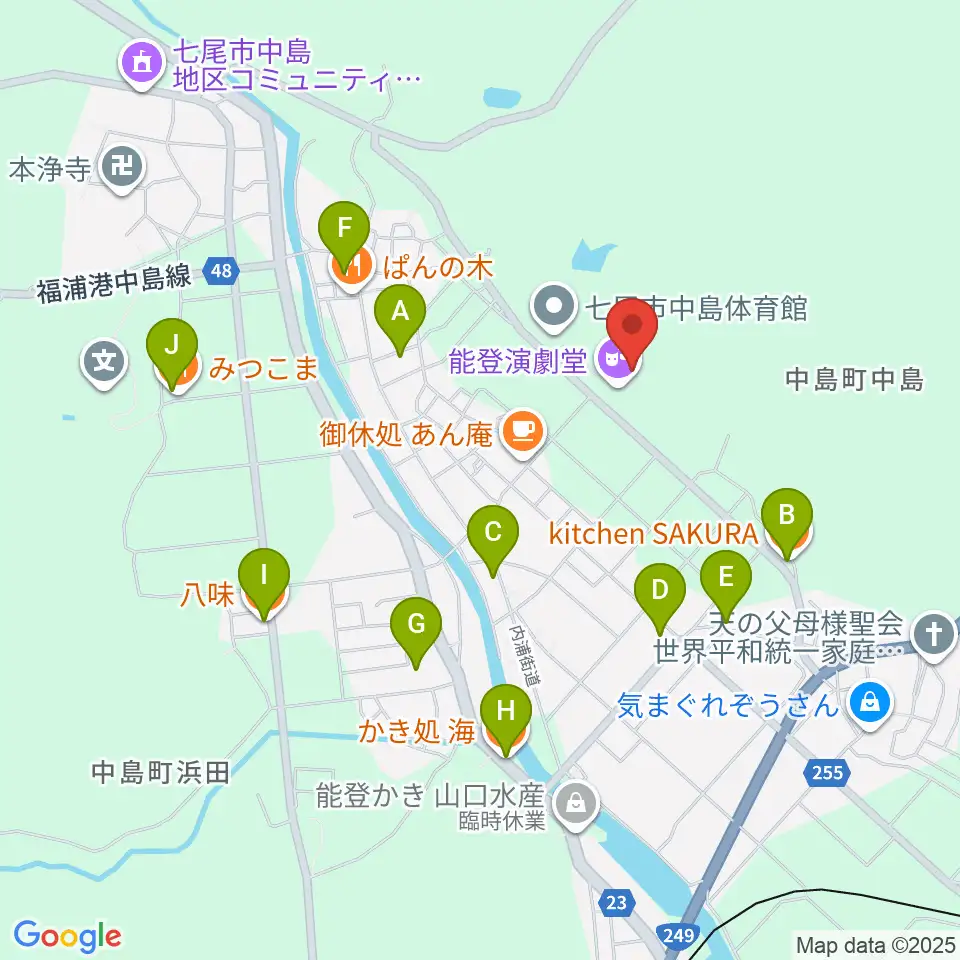 能登演劇堂周辺のファミレス・ファーストフード一覧地図