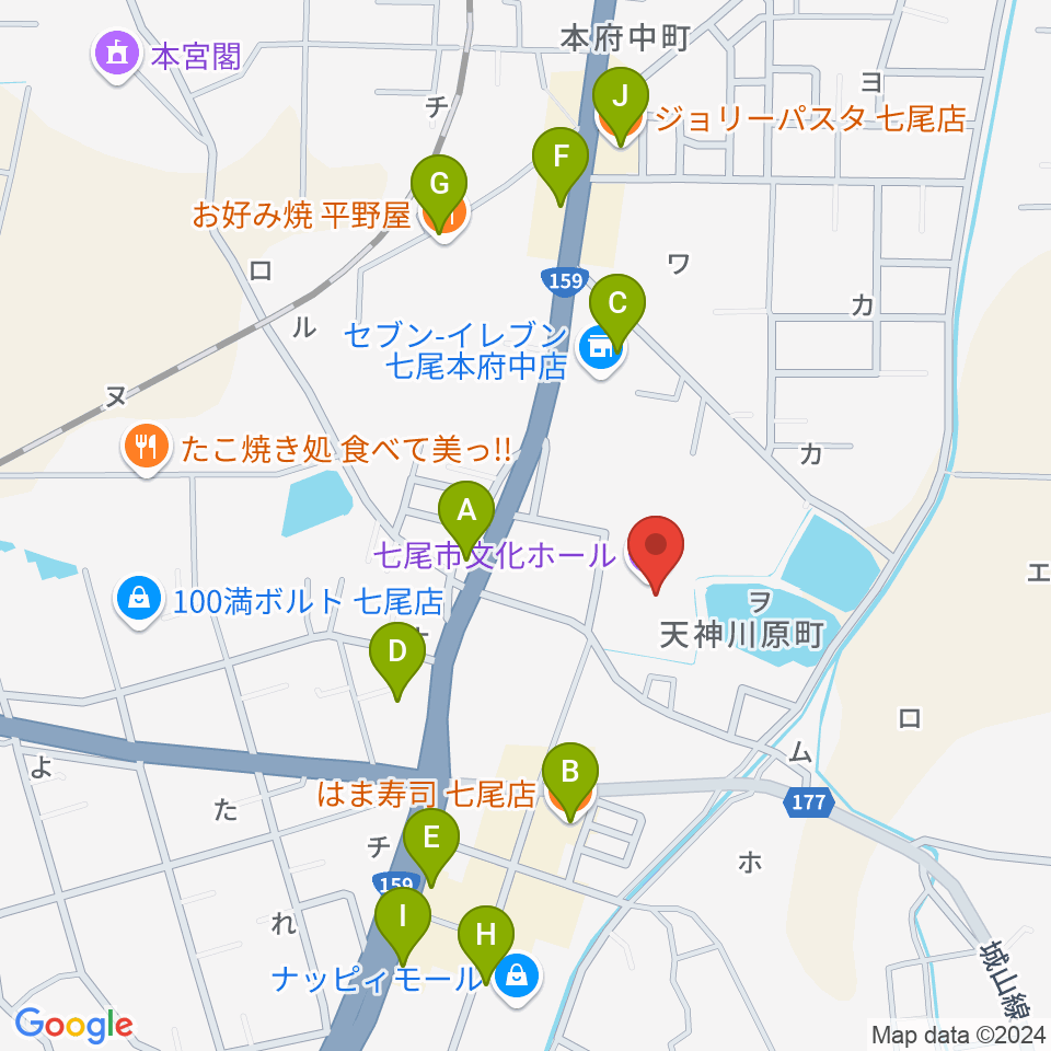 七尾市文化ホール周辺のファミレス・ファーストフード一覧地図