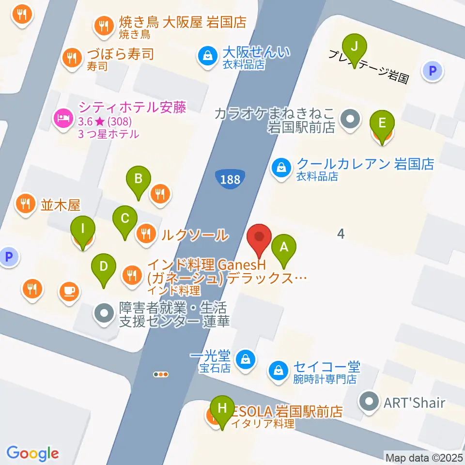 岩国ロックカントリー周辺のファミレス・ファーストフード一覧地図