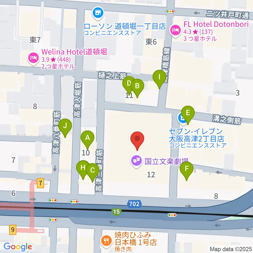 国立文楽劇場周辺のファミレス・ファーストフード一覧地図
