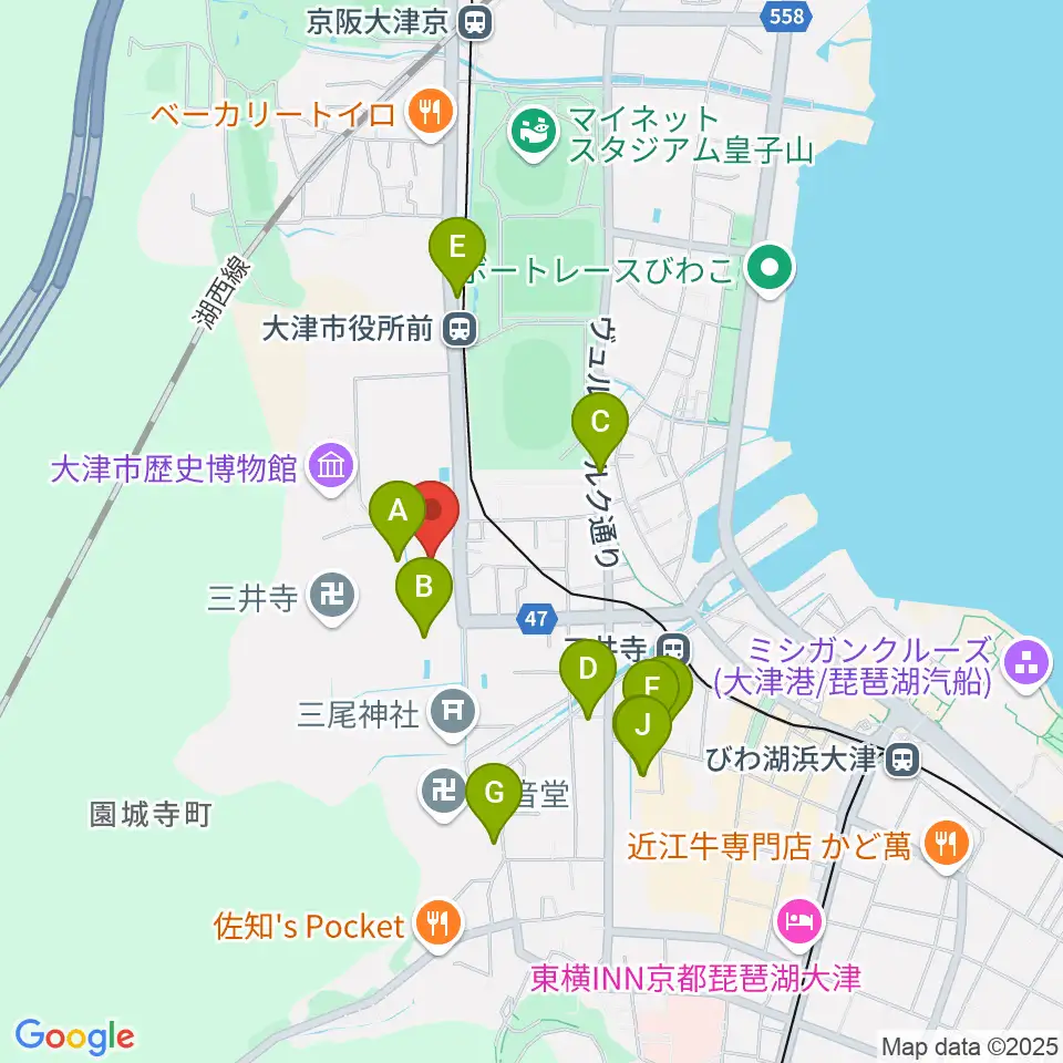 大津市伝統芸能会館周辺のファミレス・ファーストフード一覧地図