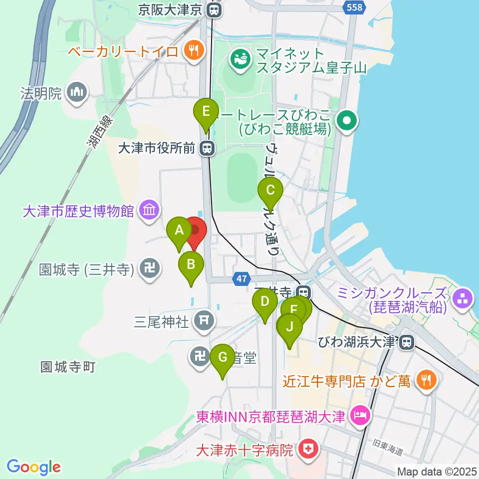 大津市伝統芸能会館周辺のファミレス・ファーストフード一覧地図