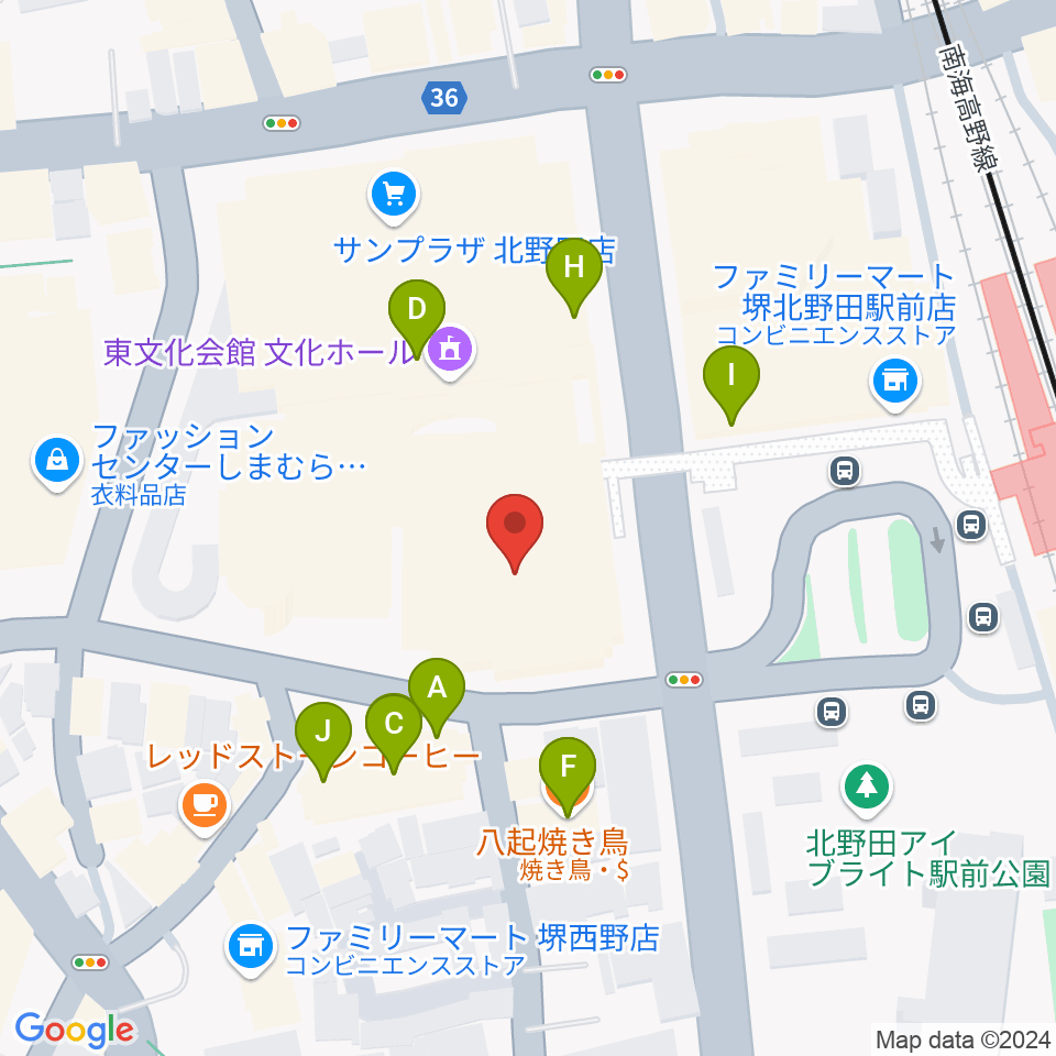 堺市立東文化会館周辺のファミレス・ファーストフード一覧地図