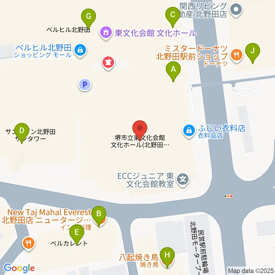 堺市立東文化会館周辺のファミレス・ファーストフード一覧地図