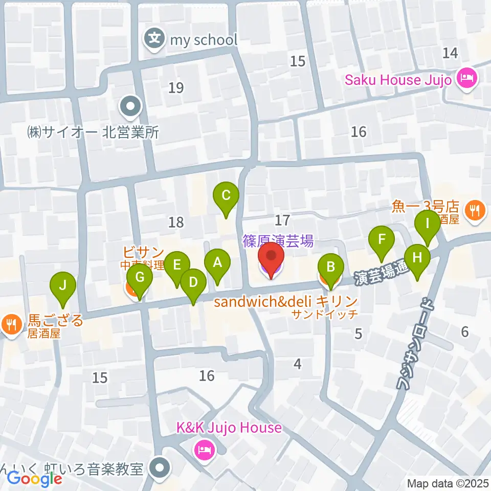 篠原演芸場周辺のファミレス・ファーストフード一覧地図