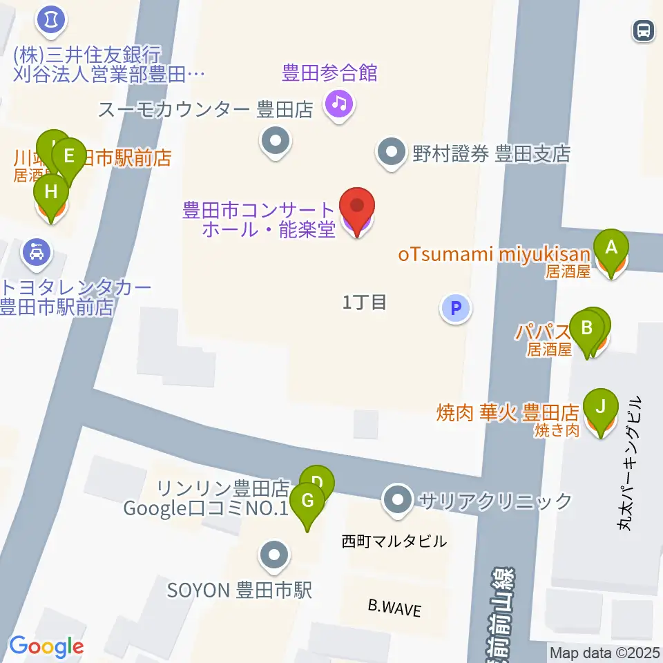豊田市能楽堂周辺のファミレス・ファーストフード一覧地図
