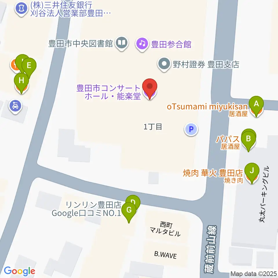 豊田市能楽堂周辺のファミレス・ファーストフード一覧地図