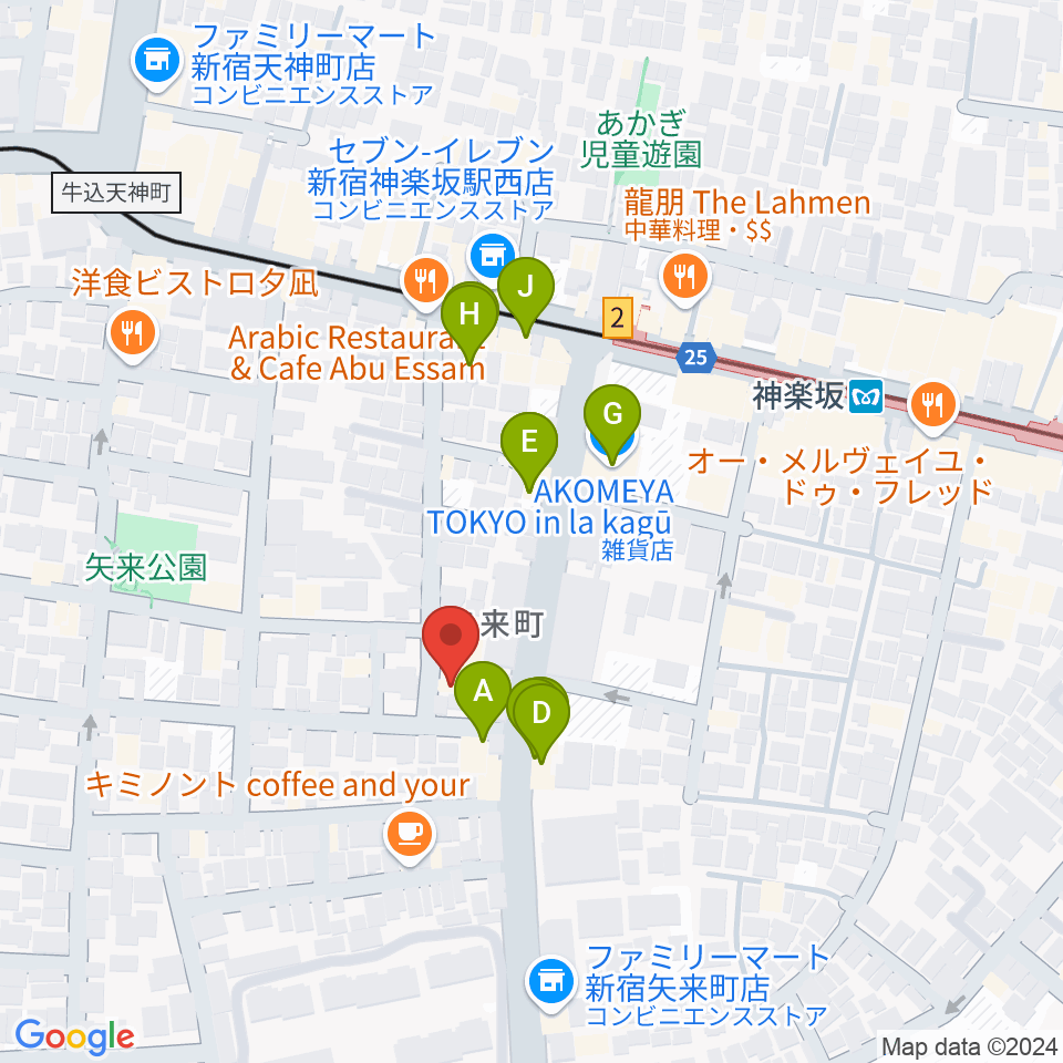 矢来能楽堂周辺のファミレス・ファーストフード一覧地図