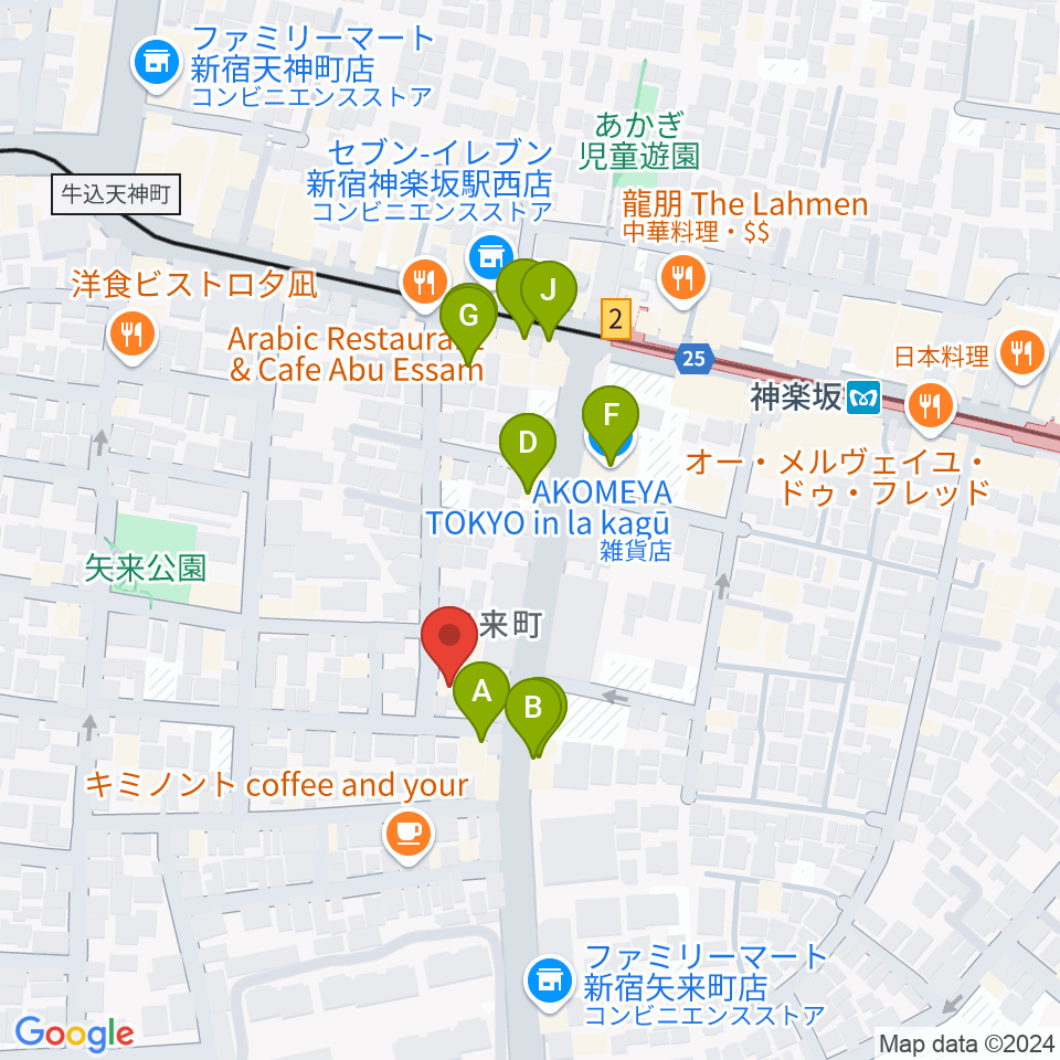 矢来能楽堂周辺のファミレス・ファーストフード一覧地図