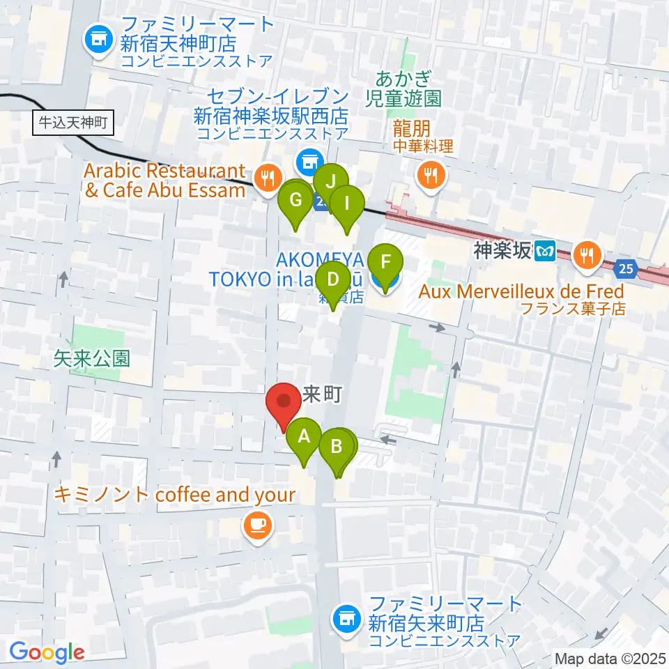 矢来能楽堂周辺のファミレス・ファーストフード一覧地図
