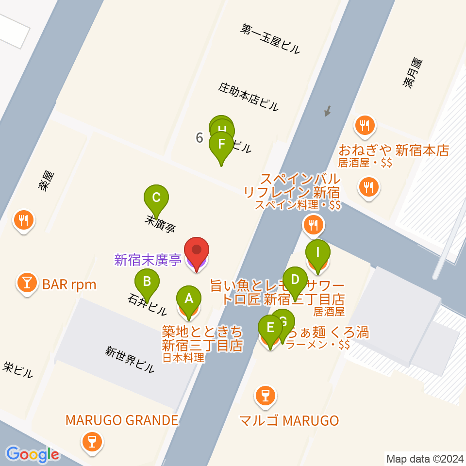 新宿末廣亭周辺のファミレス・ファーストフード一覧地図