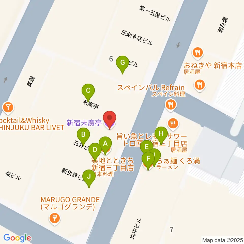 新宿末廣亭周辺のファミレス・ファーストフード一覧地図