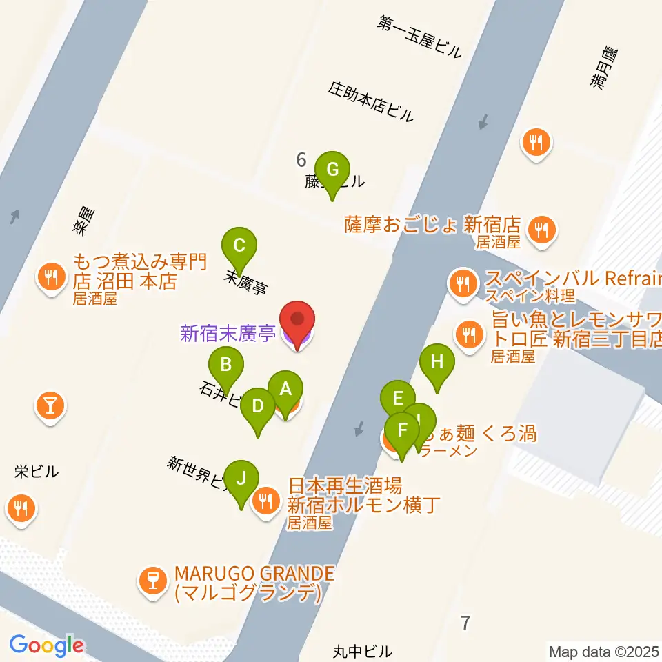 新宿末廣亭周辺のファミレス・ファーストフード一覧地図