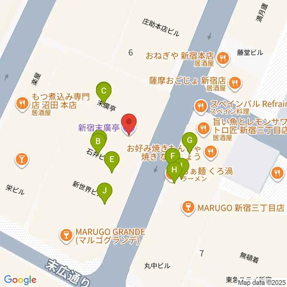 新宿末廣亭周辺のファミレス・ファーストフード一覧地図