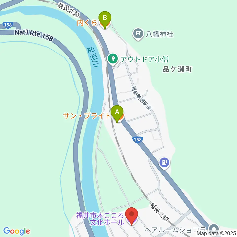 福井市木ごころ文化ホール周辺のファミレス・ファーストフード一覧地図