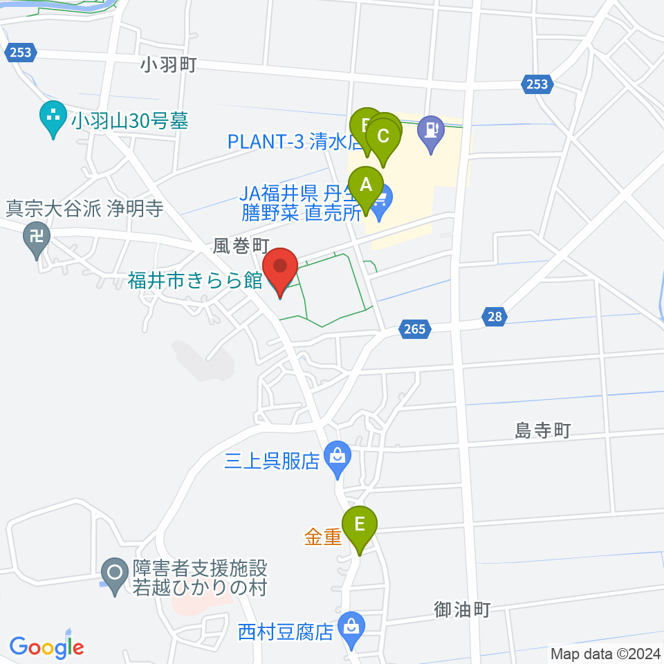 福井市きらら館周辺のファミレス・ファーストフード一覧地図