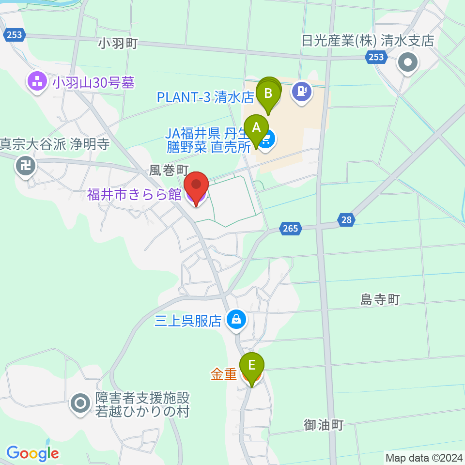 福井市きらら館周辺のファミレス・ファーストフード一覧地図