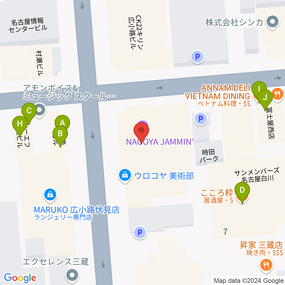 名古屋JAMMIN'周辺のファミレス・ファーストフード一覧地図