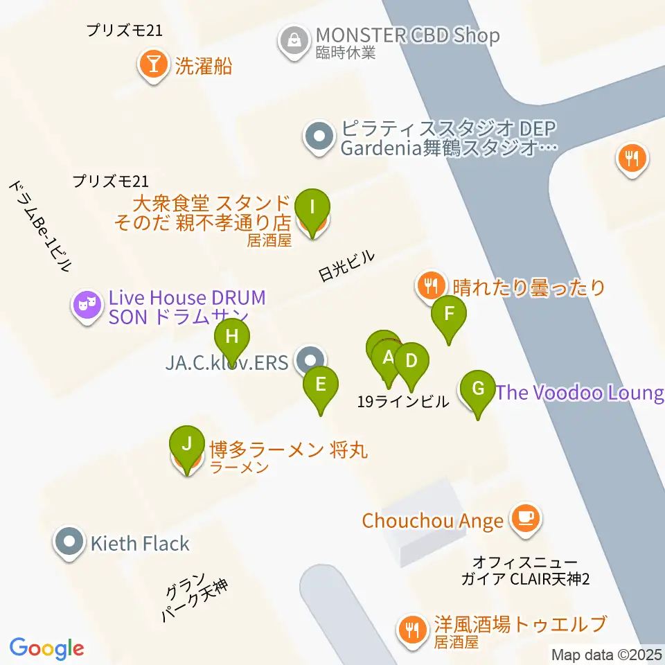 福岡天神graf(グラフ)周辺のファミレス・ファーストフード一覧地図