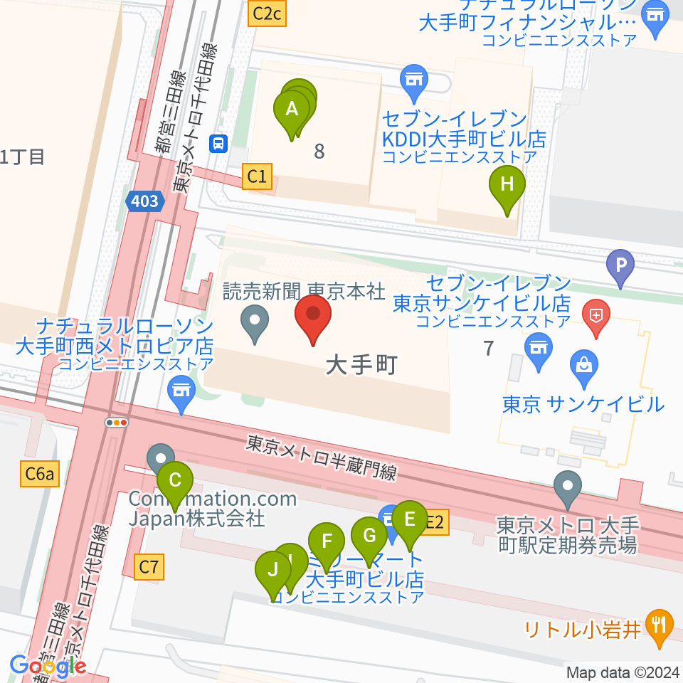 よみうり大手町ホール周辺のファミレス・ファーストフード一覧地図