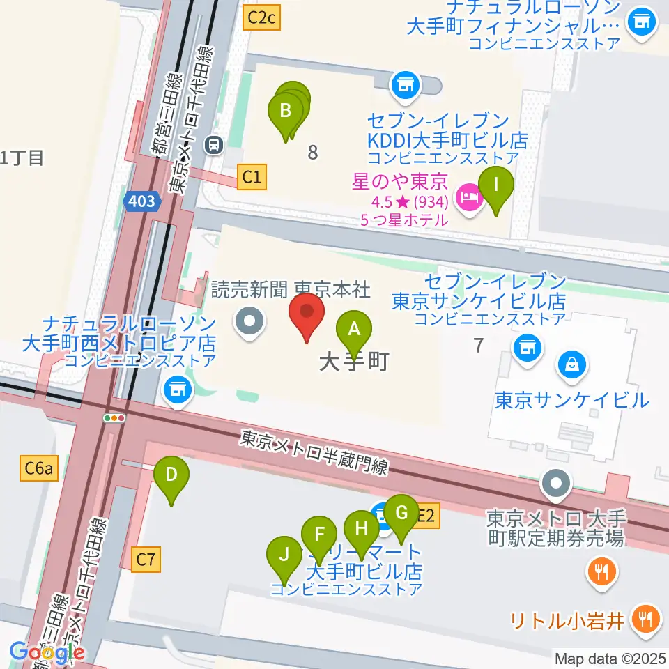 よみうり大手町ホール周辺のファミレス・ファーストフード一覧地図