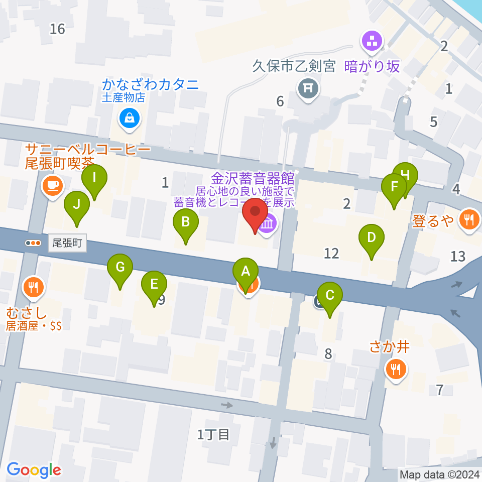 金沢蓄音器館周辺のファミレス・ファーストフード一覧地図